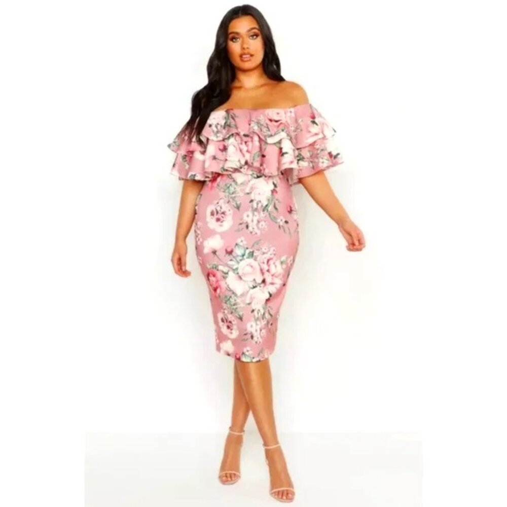 Shein Curve Sexy Pink Floral Off Shoulder Dress (4XL) Fully Lined